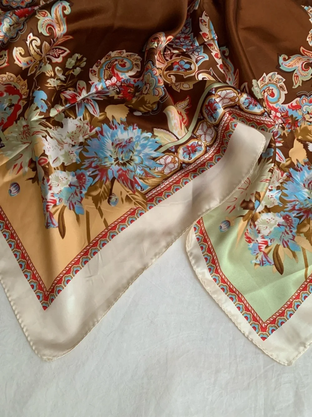 Burberry Brown Floral Paisley Silk Scarf with Blue Accents